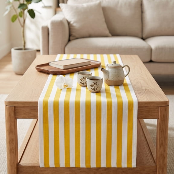 Yellow White Striped Table Runner Washable Polyester Long Cover for Dining Coffee Table Wedding Party Decor 13.0 x 59.8 Inch