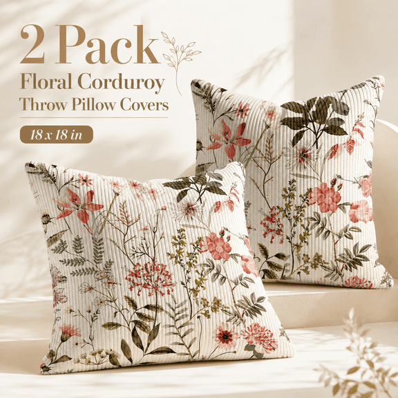 MORAVE Set of 2 Corduroy Throw Pillow Covers 18x18 PK Floral, Decorative Zipper Spring Pillowcases Farmhouse Cottage Decor for Couch Sofa Living Room Home Bedroom