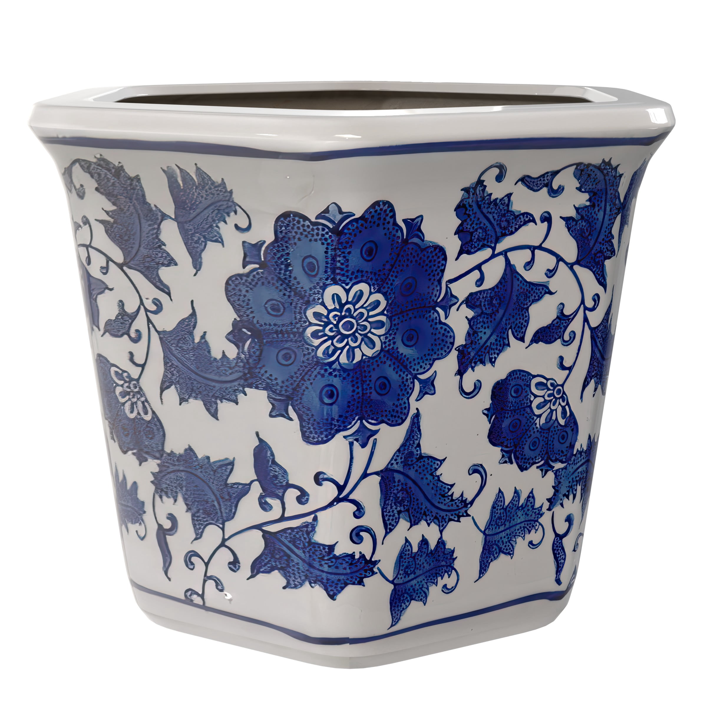 12" Hexagonal Flower Pot - Blue and White Floral