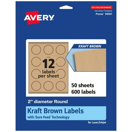 UPC: 0194793921564 | Avery Kraft Brown Round Labels with Sure Feed 2 diameter 600 Kraft Brown Labels Print-to-the-Edge Laser/Inkjet Printable Labels