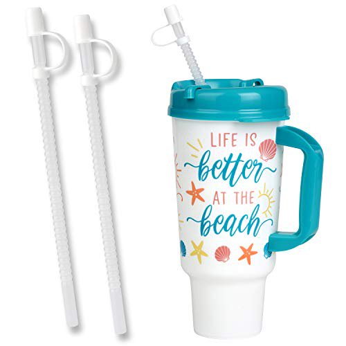 32 Ounce Beach Travel Mug with Swivel Lid, Handle, and 3 Straws, Teal