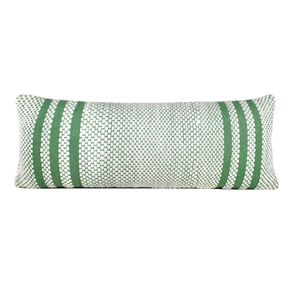 LR Home Ox Bay Hand-Woven Green/White Stripe Cotton Blend Pillow Cover