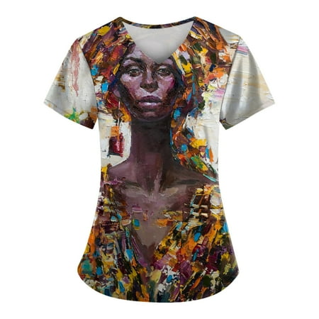

Yubatuo Women Plus Size Scrubs Top with Pockets V-Neck Short Sleeve Animal Print Work Blouse for Women White 3XL