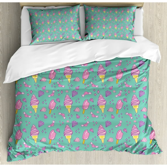 Summer Duvet Cover Set King Size, Ice Cream Cones with Strawberry Candies Winged Hearts Valentines, Decorative 3 Piece Bedding Set with 2 Pillow Shams, Peacock Green and Multicolor, by Ambesonne