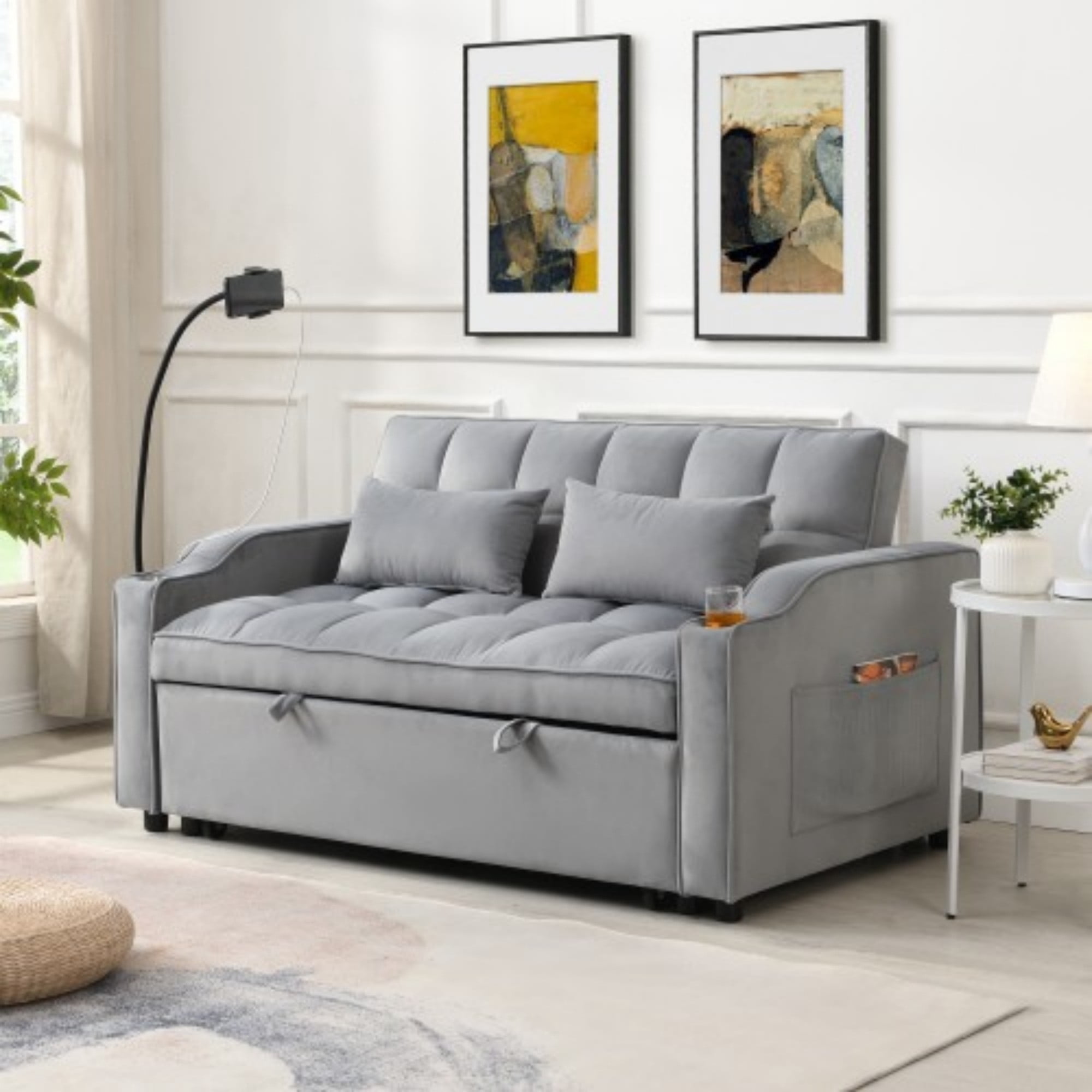 Velvet Loveseat Sofa Bed, 3-in-1 Convertible Sleeper Couch with USB Ports & Pullout Bed, Light Gray