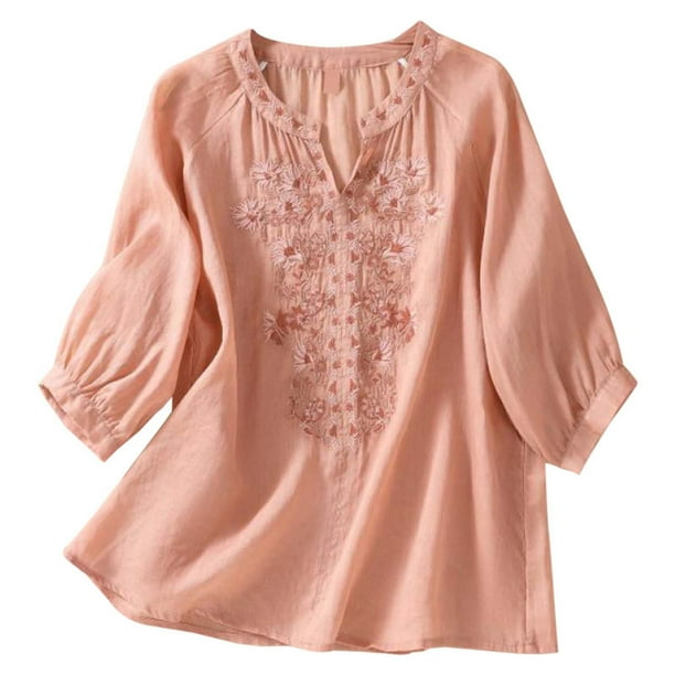 Camisa vintage de lino y algodón con cuello en V y bordados, manga 3/4, para mujer - Blusa informal de color liso que estiliza la figura