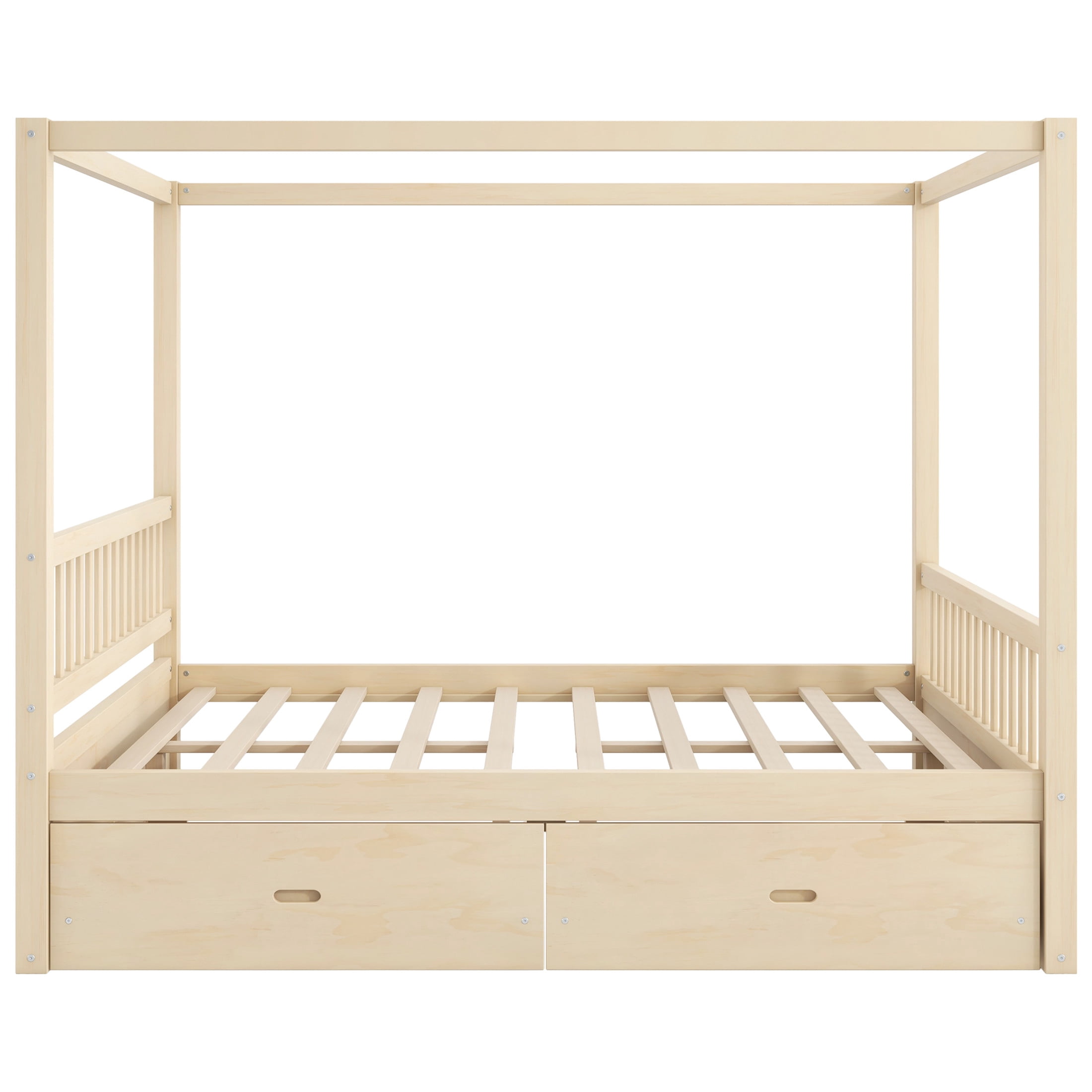 Noble House Stefan Queen Size Wooden Canopy Bed Frame with Storage Drawers, Farmhouse Decor Style, Natural
