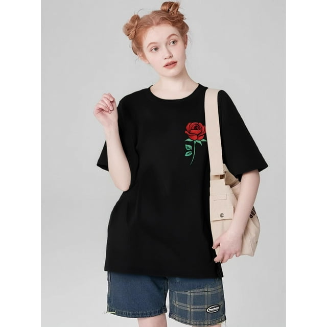 Floral Embroidered T-Shirt for Women, Casual Crew Neck Short Sleeve Top, Knit Fabric with Slight Stretch, for All Season Wear