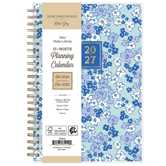 Jessie James Decker for Blue Sky Monthly Weekly Planner, 5" x 8", Blue Floral 15-Month (October 2026 - December 2027)