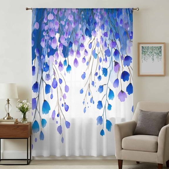 Spring Blue Wisteria Flowers Sheer Curtains 84 Inches Long, Rustic Floral Branches Light Filering Curtains, Breathable Simi Curtain Privacy Drapes for Living Room Bedroom Lightweight Window Treatment
