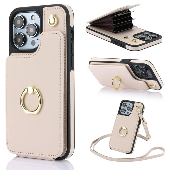 Allytech Wallet Case for iPhone 14, Luxury PU Leather Ring Kickstand Cover with Card Holder & Shoulder Strap, Fashion Accordion Style Shockproof Anti-Drop Phone Case - Apricot