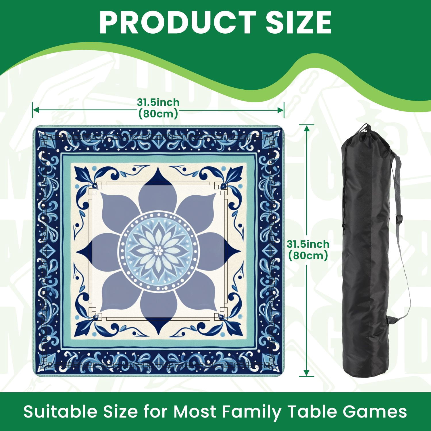 Mahjong Mat 31.5" x 31.5" Blue Floral Mandala Tile Ornamental Border Geometric Accents Non-Slip Noise Reduction American Mahjong Tiles Table Cover for Dominoes Poker Card Board Games Gift