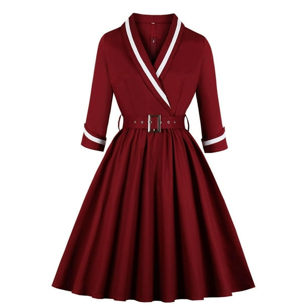 jovati Summer Party Dress Womens Fashion Mid Sleeve V Neck Vintage Elegant Solid Belt Party Swing Dress