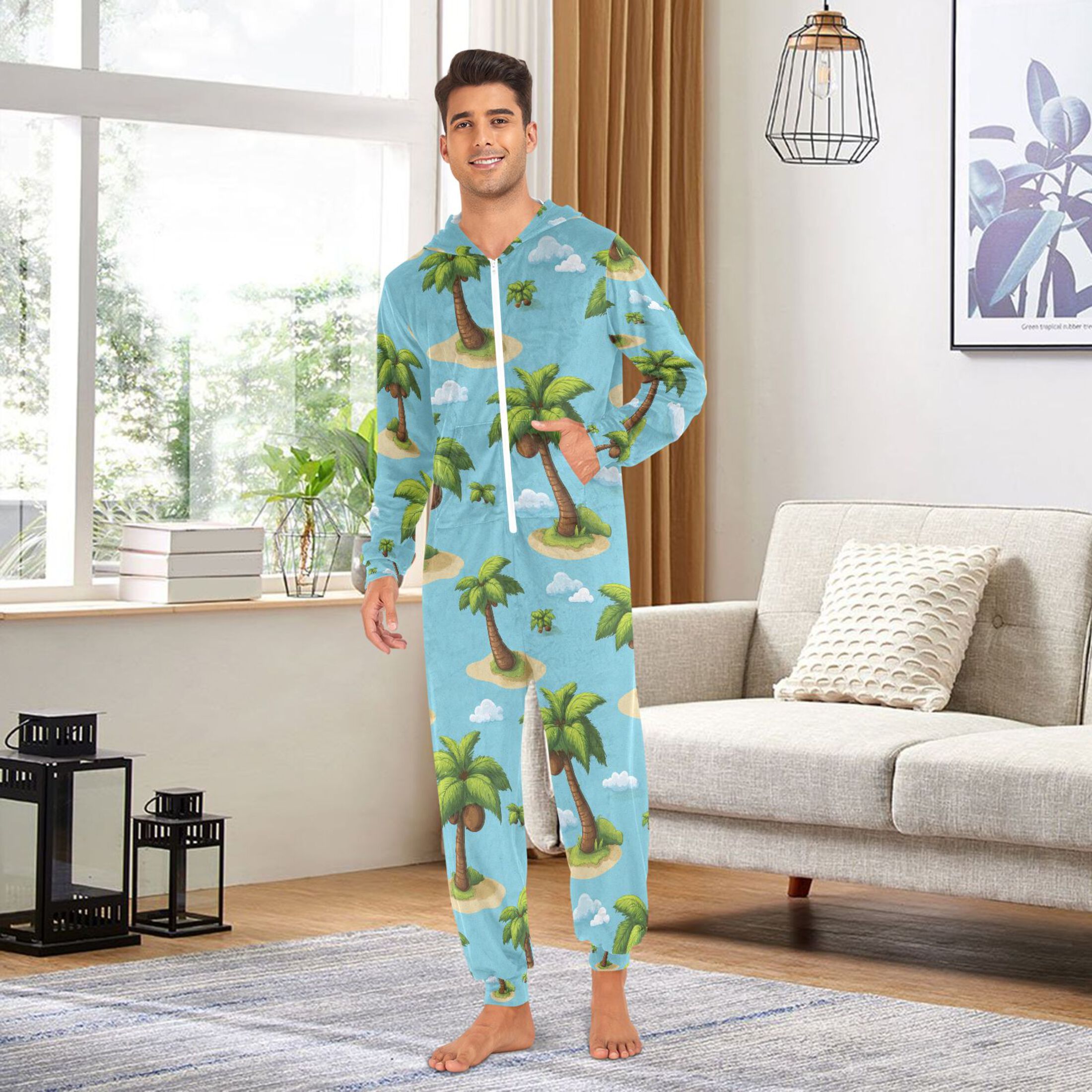 Adult Christmas Onesie Coconut Trees Adult Zipper One-Piece Pajamas Unisex Pajamas with Pockets