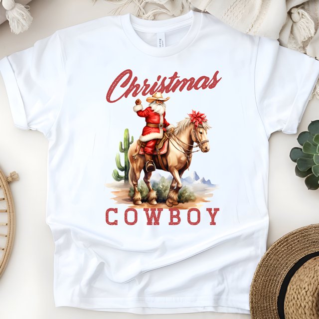 Cowboy Santa Christmas T-Shirt | Western Holiday Graphic Tee, White, Size M
