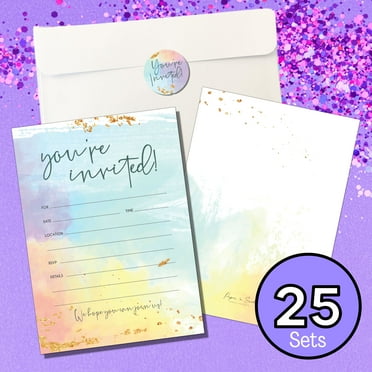 Paper 'n Such 25 Pack Watercolor Party Invitations with Envelopes and Stickers for Birthday, Baby or Bridal Shower, Fill in Style