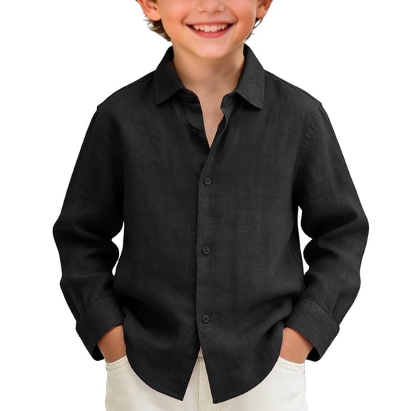 Blekii Boys Long Sleeve Button down Shirt Casual Collar Cotton Linen Solid Top, Black, 120