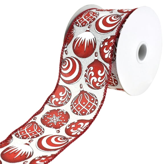 Christmas Iridescent Ornaments Wired Ribbon, 2-1/2-Inch, 10-Yard - Red/White