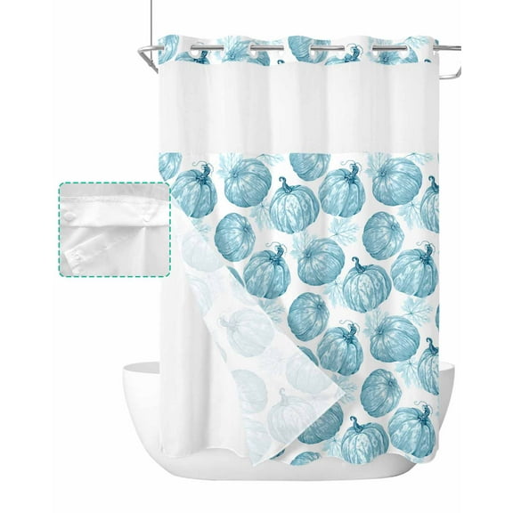 No Hook Shower Curtain with Snap in Liner, Thanksgiving Autumn Blue Pumpkin Maple Leaves Hotel Shower Curtains for Bathroom, Washable Shower Curtain Liner Set with Mesh Top Window, 60"x72"