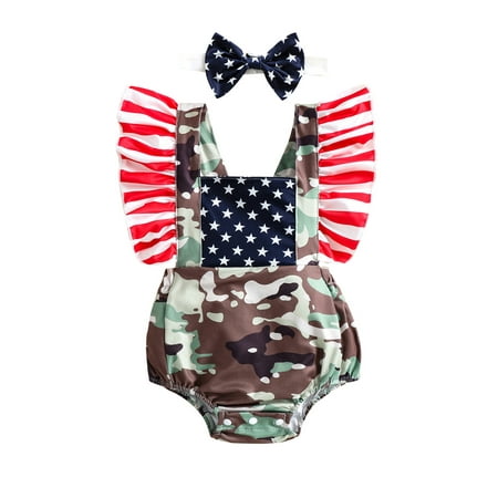 

Suanret Infant Baby Girl Independence Day Bodysuit Ruffle Fly Sleeve Star Printed Camo Summer Clothes Multicolor 12-18 Months