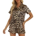 thumbnail image 1 of Conjunto de pijama de manga corta Nikou para mujer cuello vuelto hermoso estampado top de dos piezas pantalones cortos estampado de leopardo amarillo L, 1 of 6
