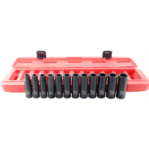 K-Tool 38200 12-pc 1/2" Drive 6-Point Metric Deep Impact Socket Set