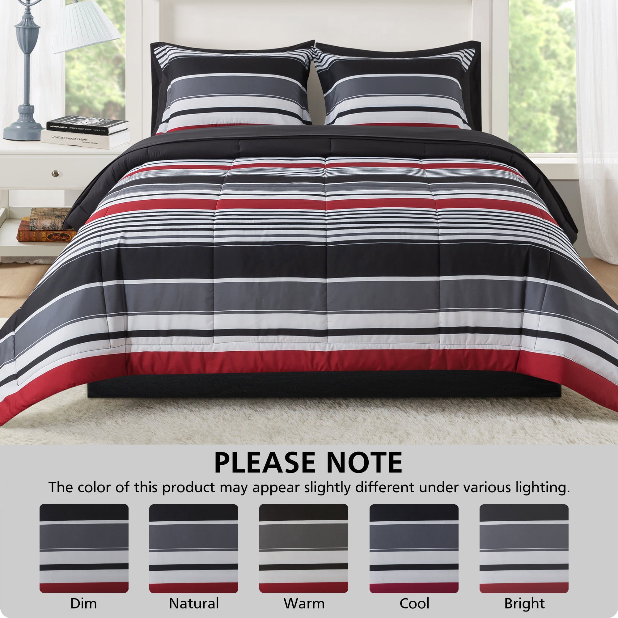 Mainstays All in One Reversible Comforter and Sheet set- 7 Piece, Full, Red and Black Stripe