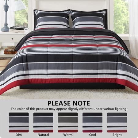MAINSTAYS ALL IN ONE REVERSIBLE COMFORTER AND SHEET SET- 7 PIECE, KING, RED AND BLACK STRIPE