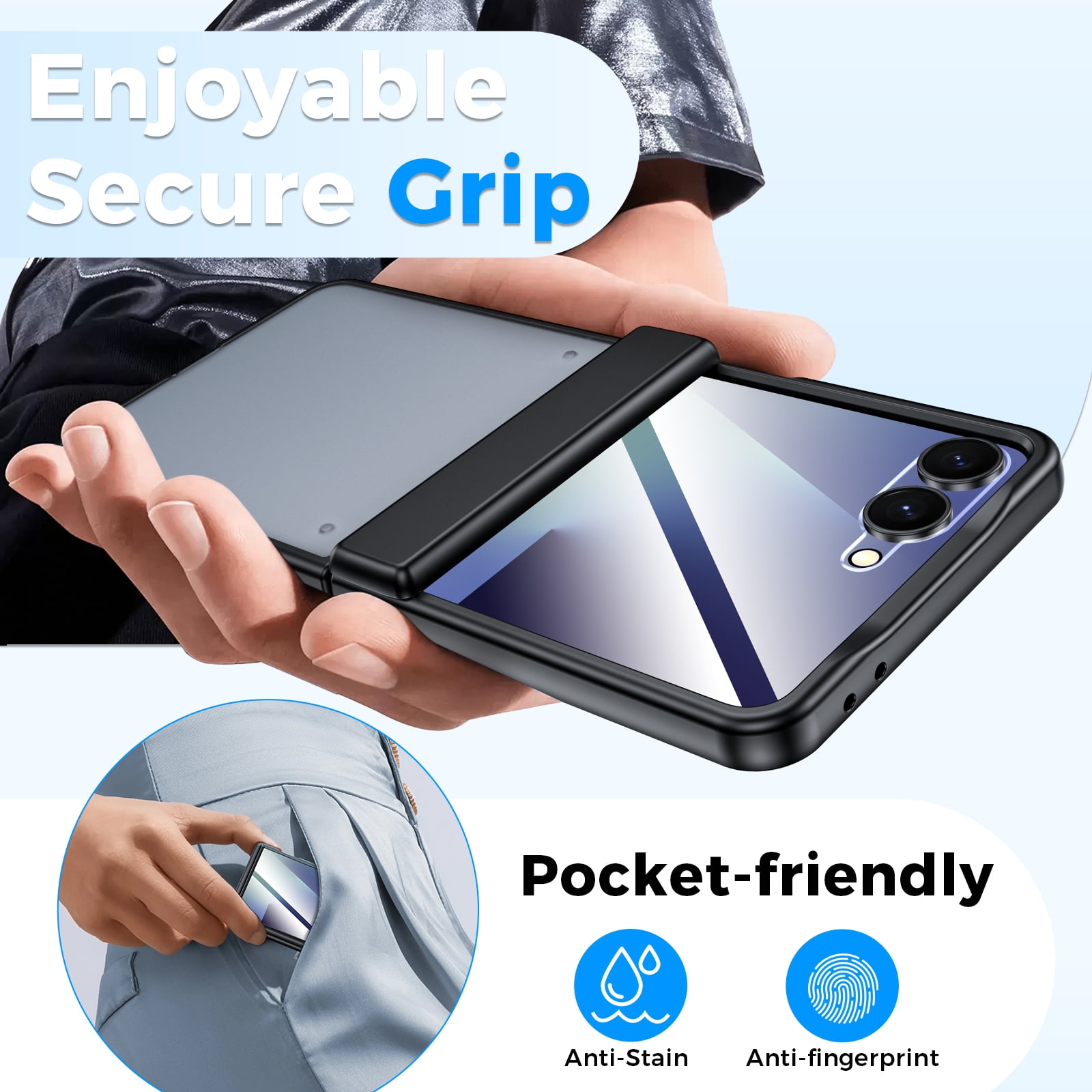 Vizvera for Samsung Galaxy Z Flip 7 Case with Hinge Protection,Screen Protector,Ultra-Thin Skin Feel Translucent Frosted, Wireless Charging,Shockproof Cover-Black