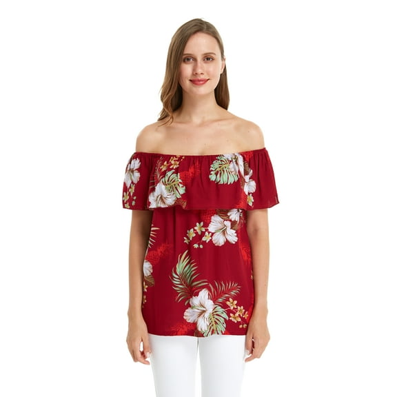 Women's Hawaiian Off-Shoulder Ruffle Muumuu Top in Pineapple Garden Burgundy M