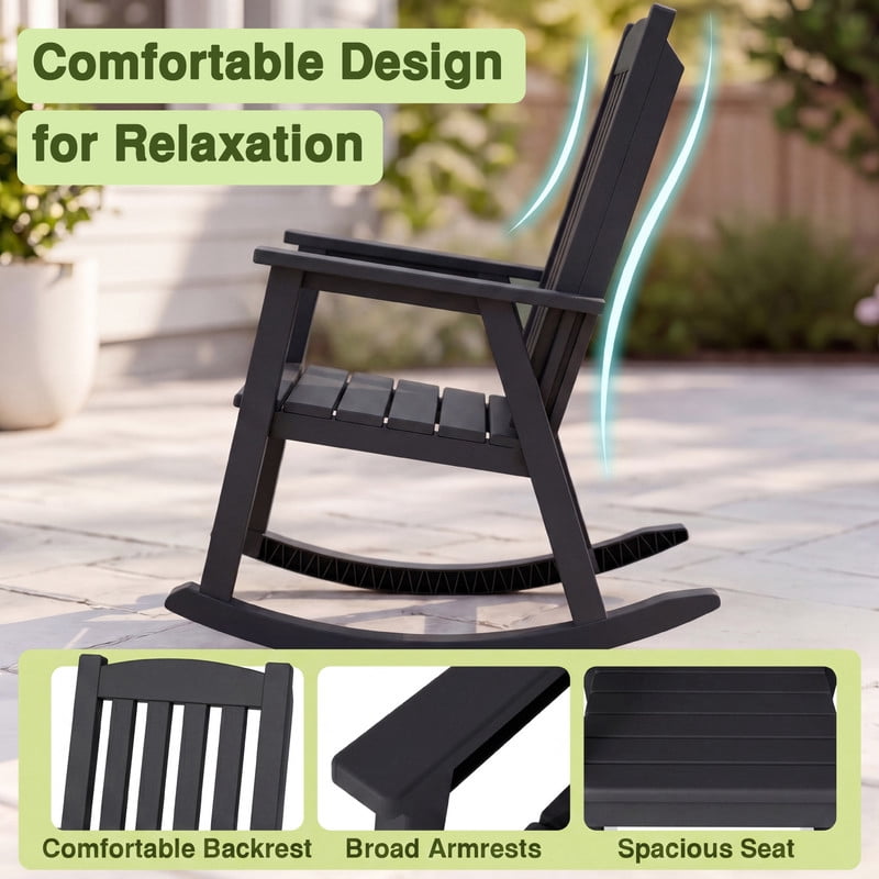 Vineego Oversized Outdoor Rocking Chair Set of 2, Heavy Duty Patio Rocker, All-Weather Resistant Front Porch Lawn Chairs for Outside, Black