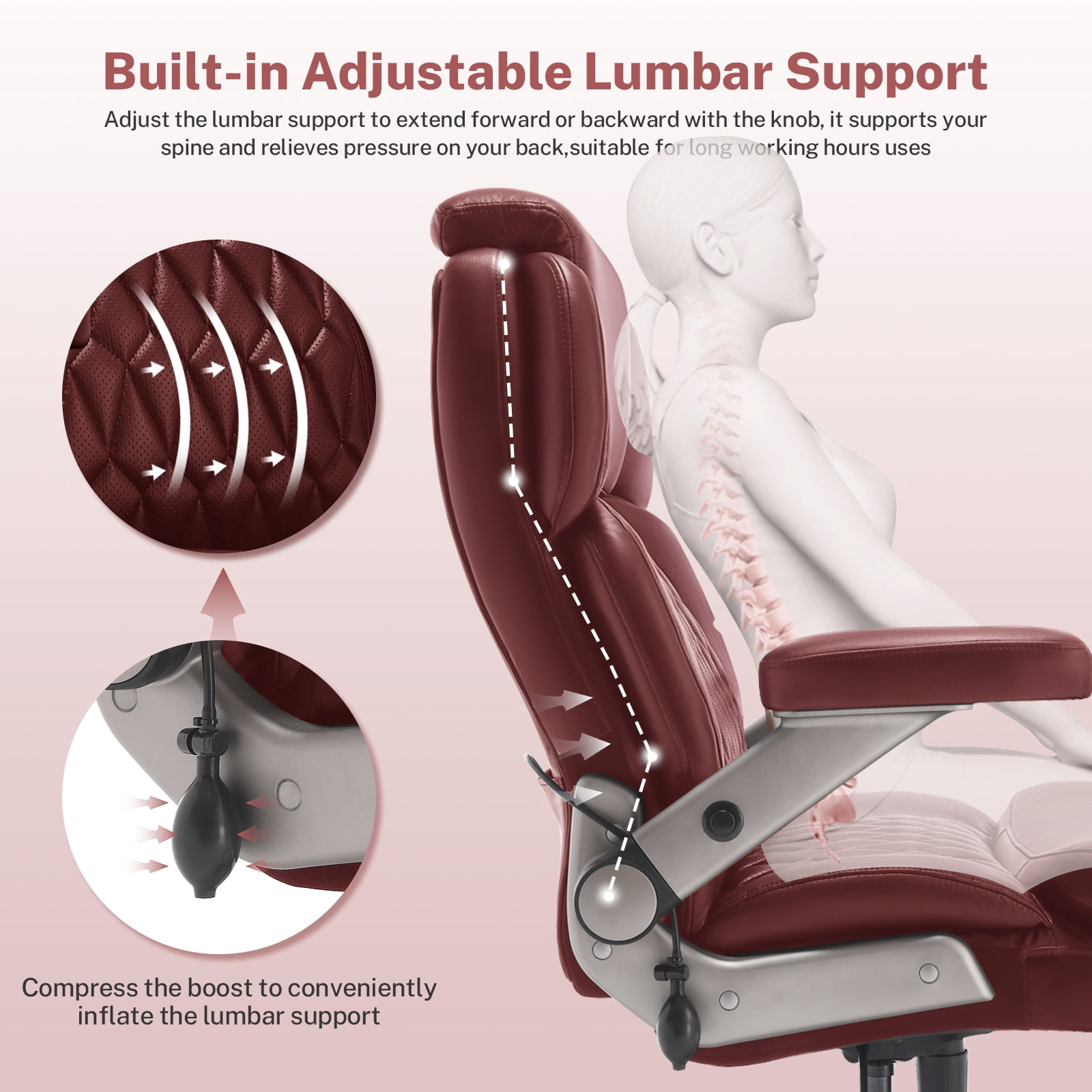 WOSDOM 700lbs Big and Tall Office Chair, Heavy Duty Executive Chair, Extra Wide Seat, Adjustable Headrest and Lumbar Support, 3D Flip up Arms, Burgundy