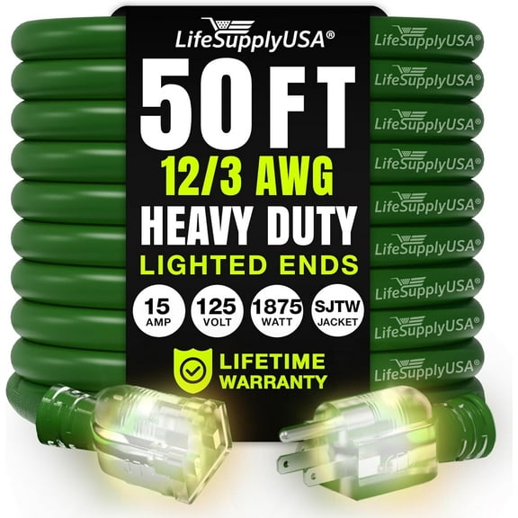 50ft Outdoor/Indoor Extension Cord 12/3 Gauge Extra Heavy Duty 3 Prong SJTW, Waterproof, Flexible Cold-Resistant Long Power Cord,125 Amp 1875W, Green by LifeSupplyUSA