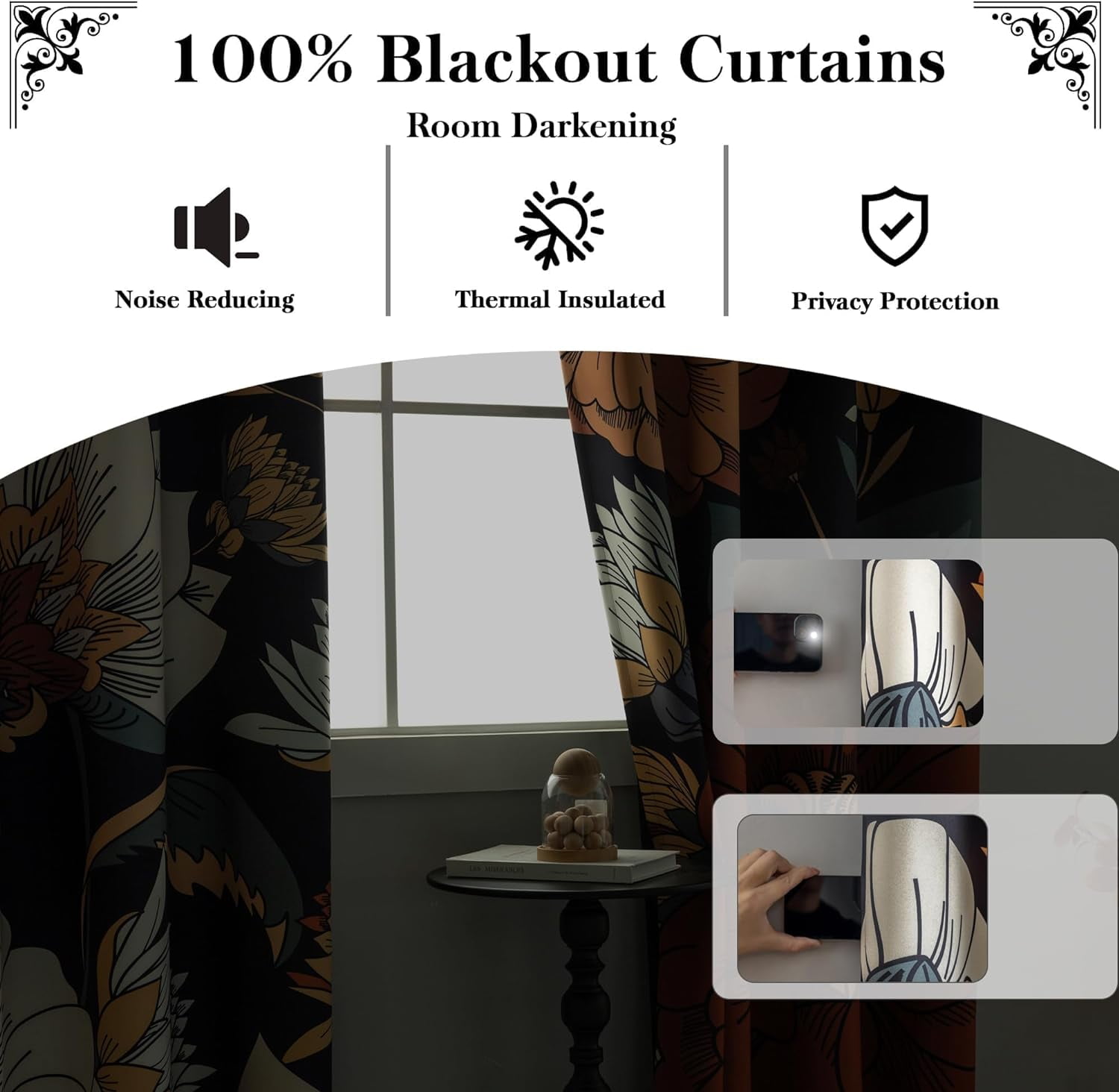 Tyrot 2 Panels Black Boho Floral 100% Blackout Curtains for Bedroom Grommet Curtains, 52" x 84"