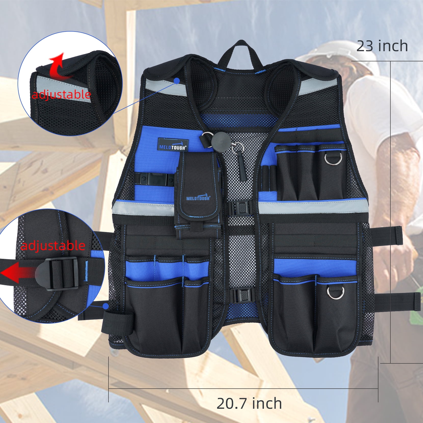 MELOTOUGH Tool Vest for Men Reflective Safety Tool Vest with Adjustable Straps, Removable Phone Holder for Electrical, Carpenters, Construction, Handyman (Blue)