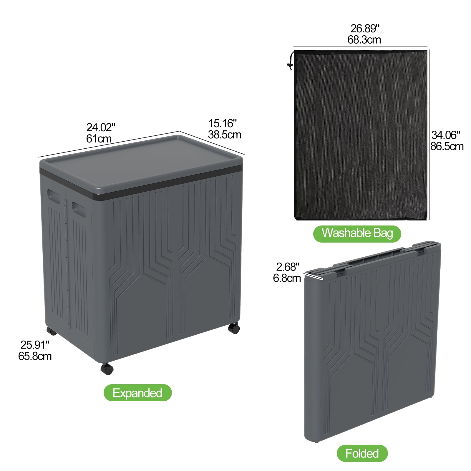 Doryh 120 L Double Plastic Laundry Hamper with Wheels, Collapsible 2 Section Laundry Hamper with Lid, Grey