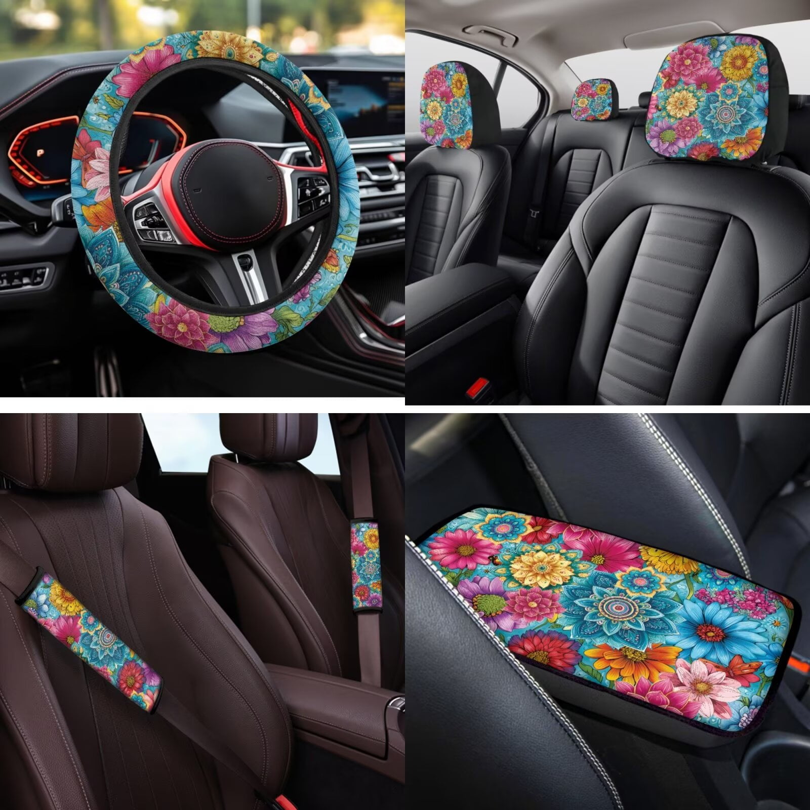 Binienty Boho Dahlia Auto Seat Covers Full Set Front Rear Car Seat Protective Cover With Steering Wheel Cover Arm Rest Cushion Covers Universal Car Interior Accessories for Women Girly