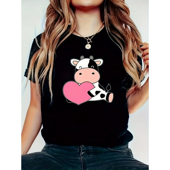 Cartoon Cow Print T-shirt, Casual Crew Neck Short Sleeve Top For Spring & Summer, Women's Clothing
