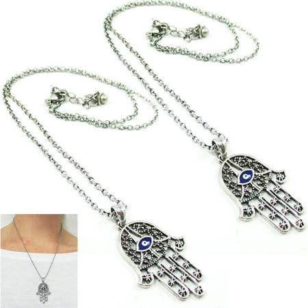 - 2 Pc Hamsa Hand Necklace Lucky Evil Eye Pendant Chain Necklace Kabbalah Fatima