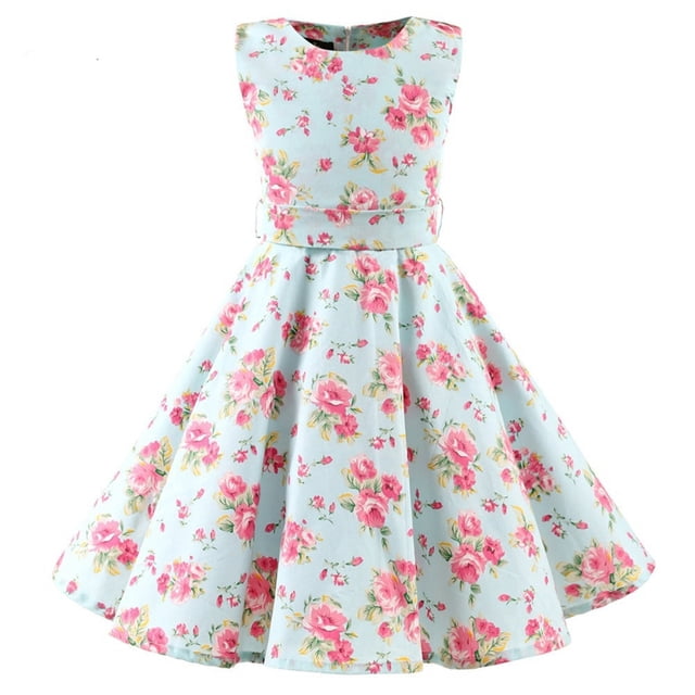Polka Dot Vintage Enfants des Années 1950 Swing Robe Fleur Floral Midi Robe Coton Robe d'Été Bébé Fille