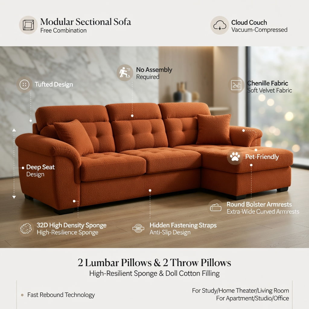 Hommoo Teddy Fleece 3-Seat Modular Sectional Sofa with Curved Backrest, Movable Ottoman & Cloud-Like Double-Layer Cushions, Orange