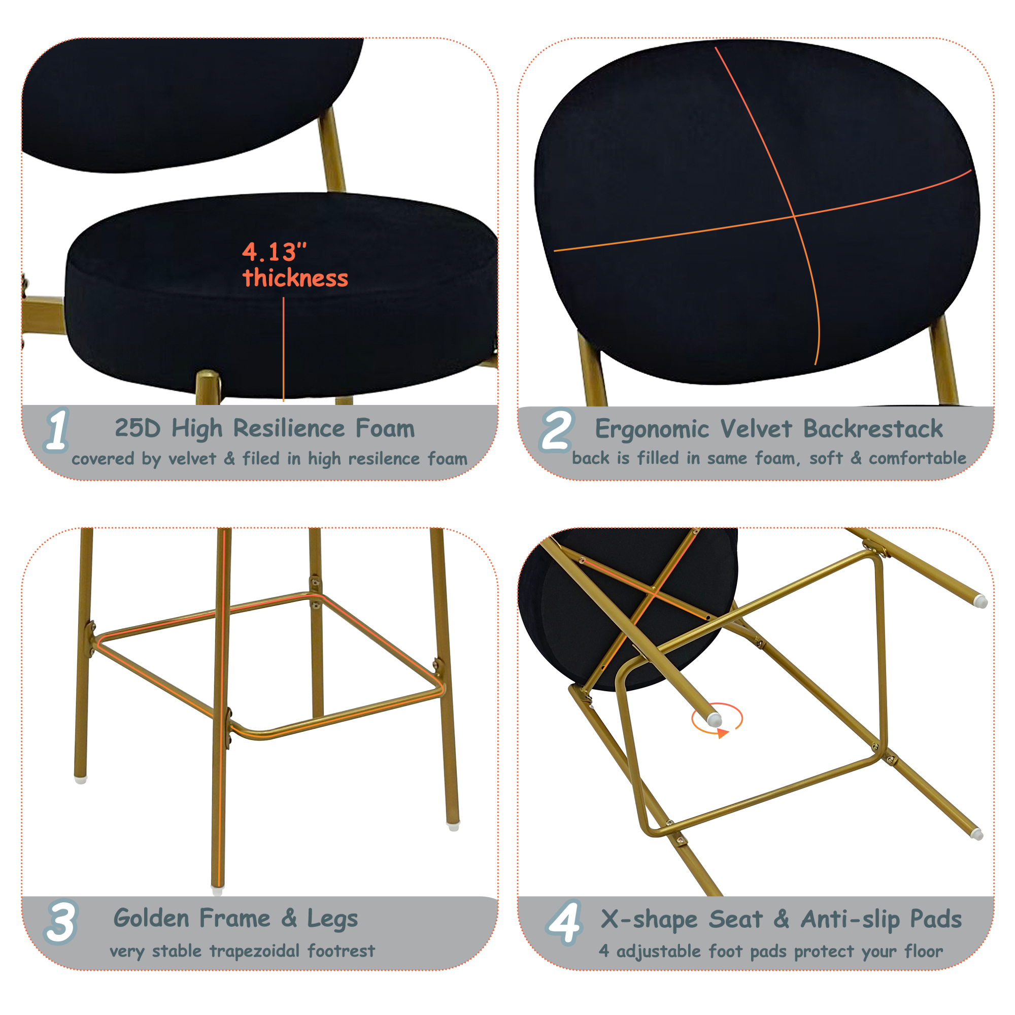 Jopath 2-Pack Modern Velvet Bar Stools with Gold Metal Legs Accent Round Counter Stools for Kitchen Island, Home Bar (Black)