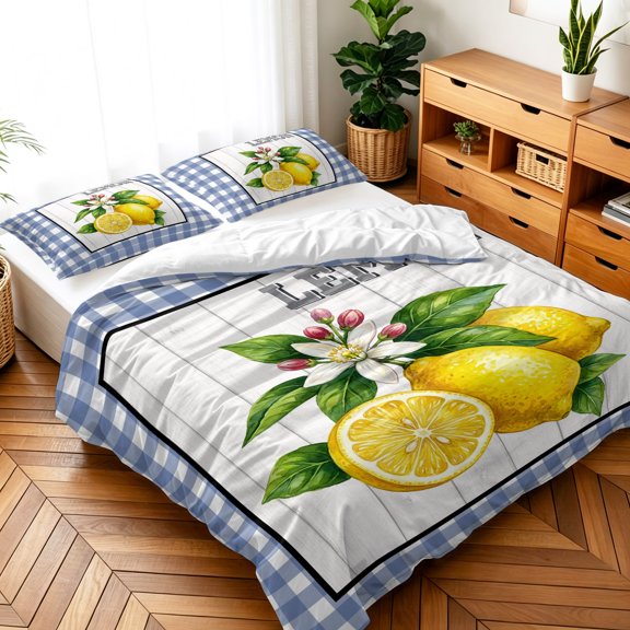Queen Size 3 Pieces Duvet Cover Sets Summer Lemons Flowers Bedding Set,Microfiber Soft Comforter Cover with Pillow Shams,Luxury Quilt Covers for Bedroom Decor Blue White Plaid