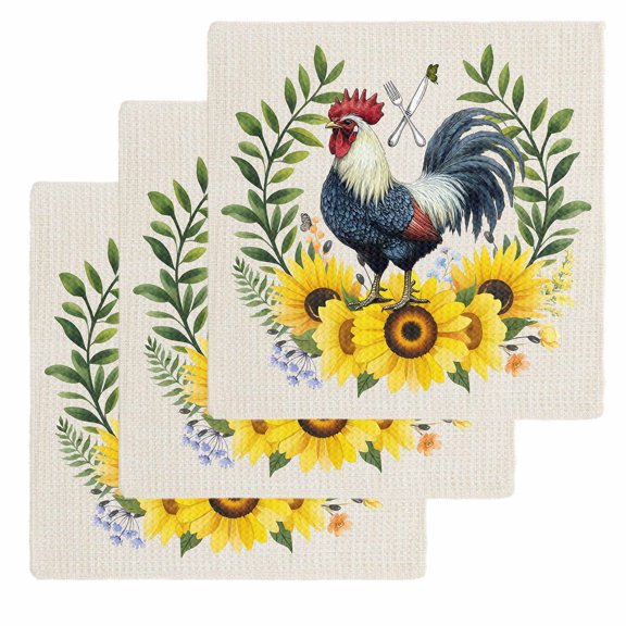 Sunflowers Rooster Kitchen Dish Towels for Drying Dishes Set of 3, Watercolor Leaves Retro Art Rustic Waffle Weave Microfiber Hand Tea Bathroom Towels Quick Dry & Absorbent Towel 12x12