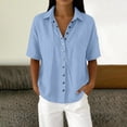 thumbnail image 3 of Stamzod Button Down Shirts for Women Short Sleeve Summer Tops Cotton Linen Dressy Casual Work Blouse with Pocket Light Blue XL, 3 of 7