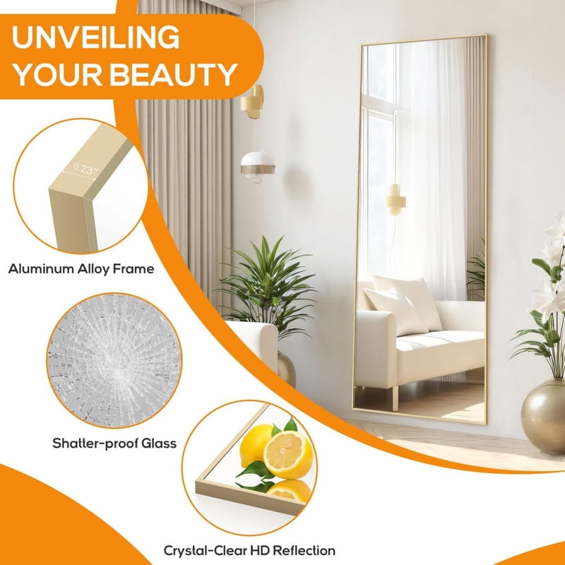 Gleamira 64"x21" Rectangle Full Length Mirror Floor Mirror Free Standing Mirror with Metal Frame, Gold