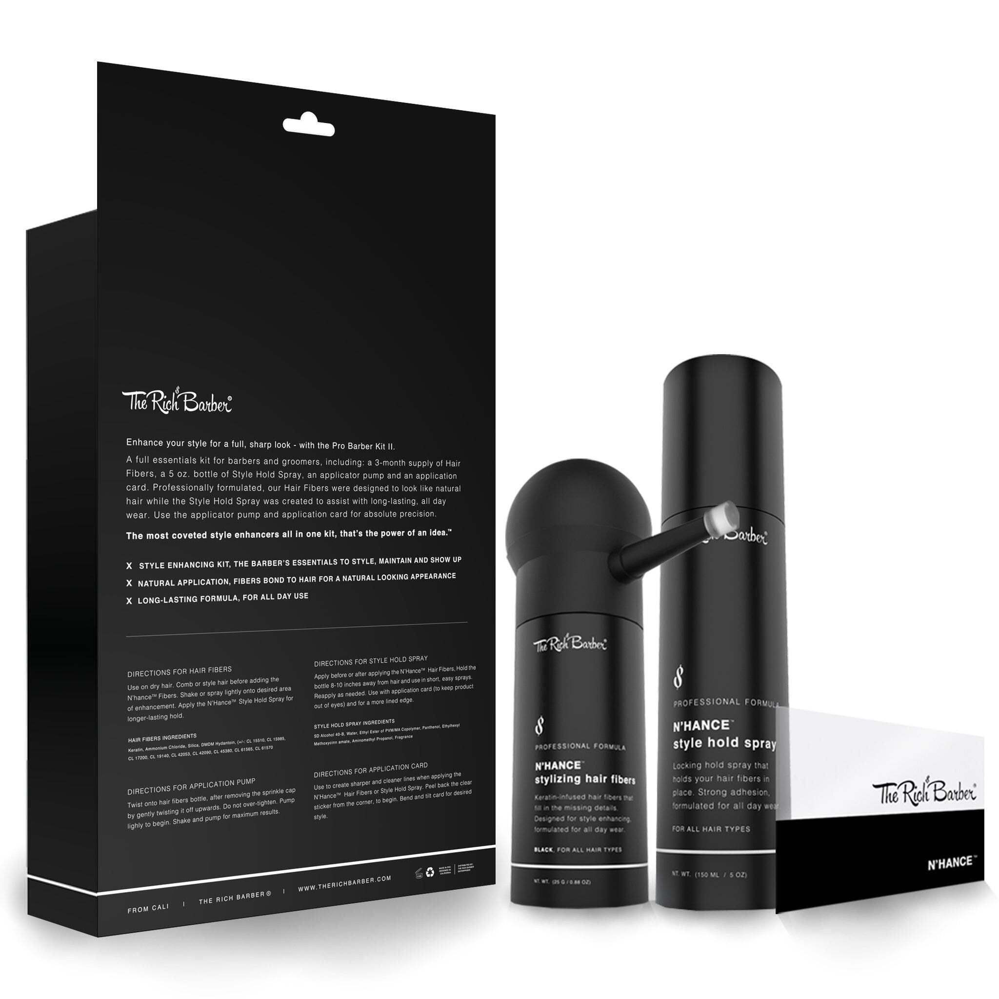 The Rich Barber N’Hance Hair Fibers, Hold Spray & Applicator Set | Natural Concealing Hair Thickening Fibers | Long-Lasting Wear For Sharper Hairlines, Thicker Beard, & Professional Styling (Black)