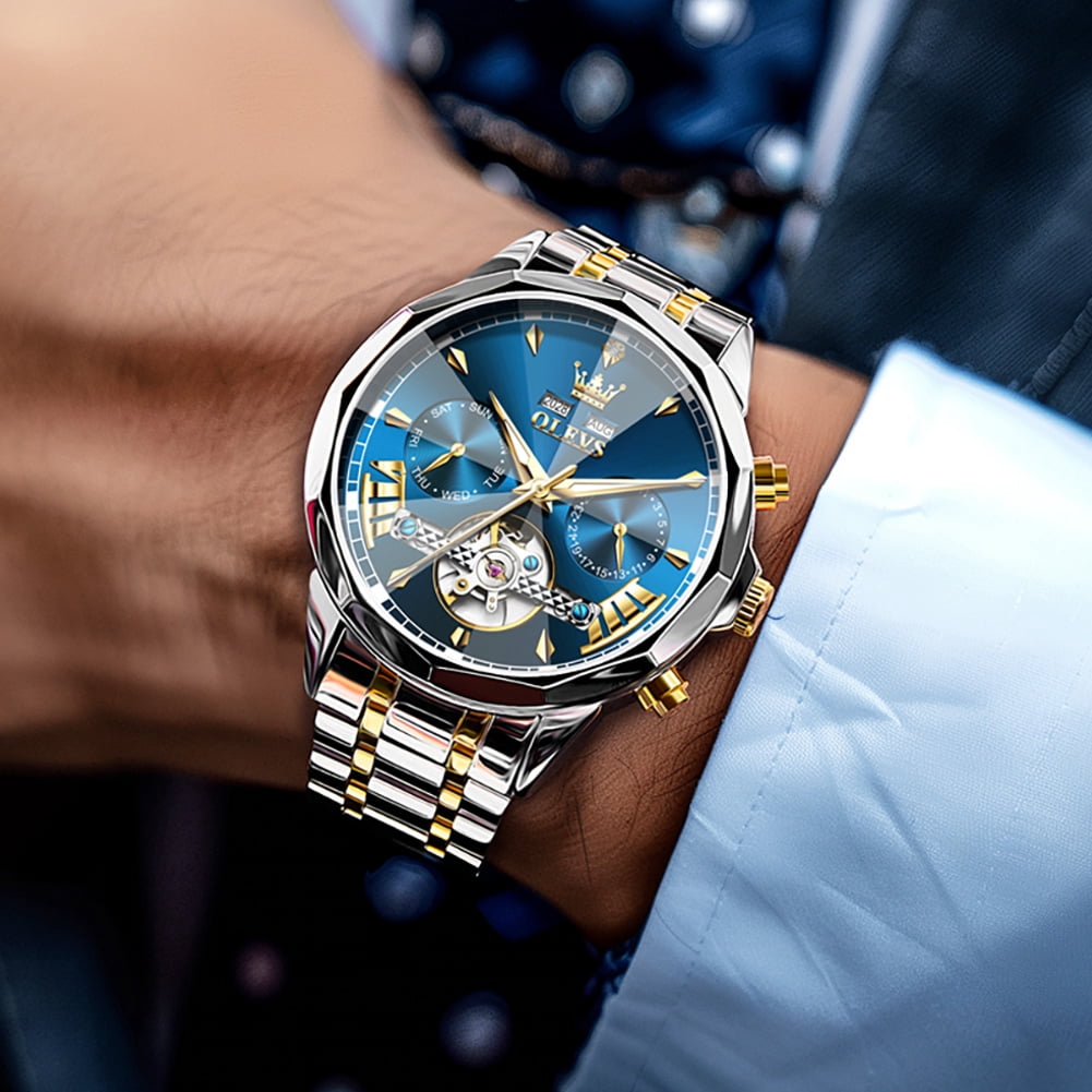 OLEVS Automatic Watches for Men Luxury Dress Waterproof Self Winding Mechanical Chronograph Diamond Stainless Steel Luminous Date Skeleton Tourbillon Mens Watches Gift Reloj Para Hombre Blue Dial