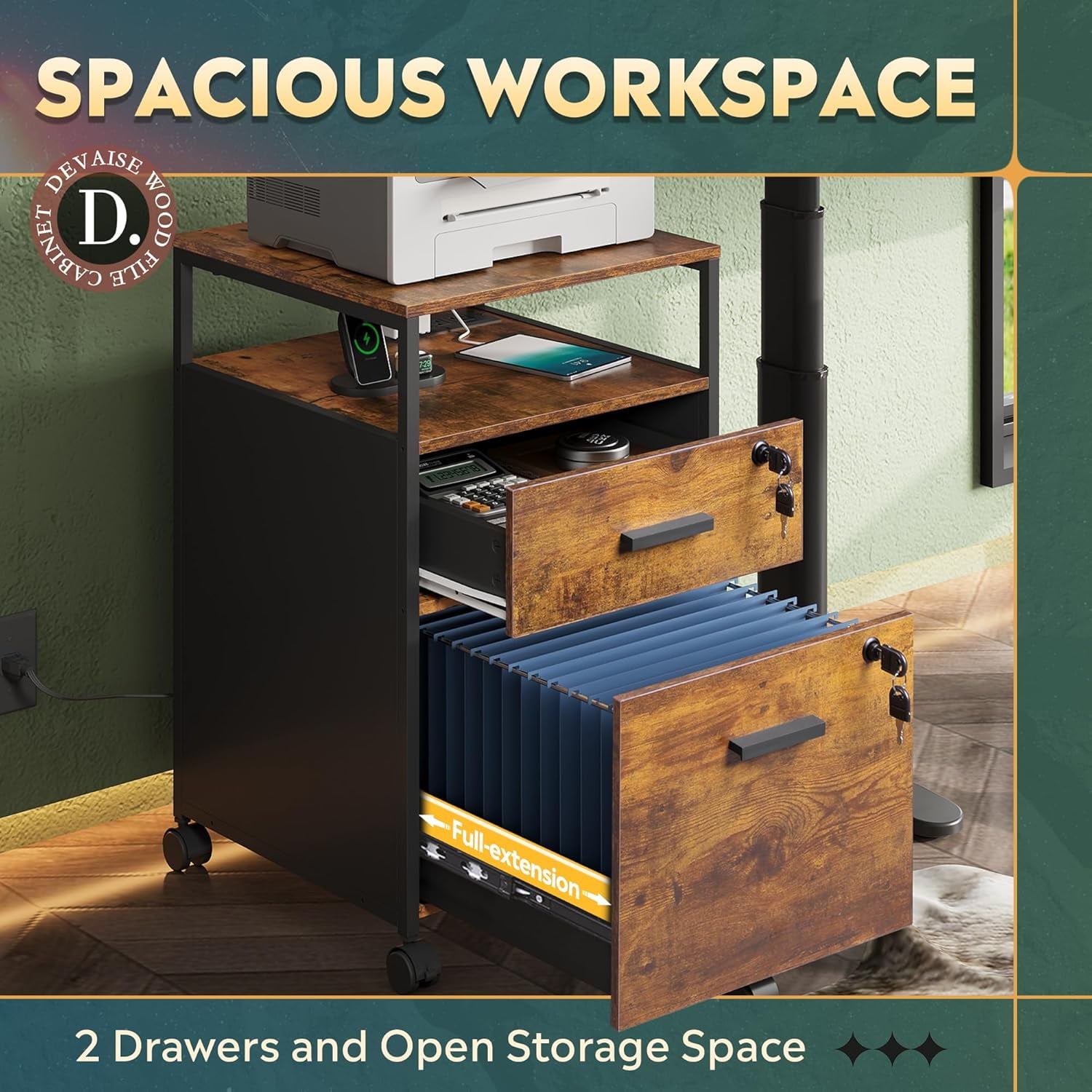 2 Drawer File Cabinet with Lock and Charging Station, Wood Filing Cabinet fits A4 or Letter Size, Mobile Printer Stand with Open Storage Shelf for Home Office, Rustic Brown