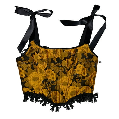 

COBKK Corset Shapewear For Women Tummy Control Shapewear Tops Fashion Women s Sweet Tie Corset Bow Lace Wide Shoulder Strap Court Underwear Shapewear For Women Seamless Casual Dressy Yellow